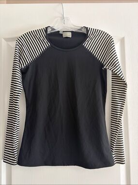 Athleta Black Long-Sleeve Raglan Top with Black & White Striped Sleeves